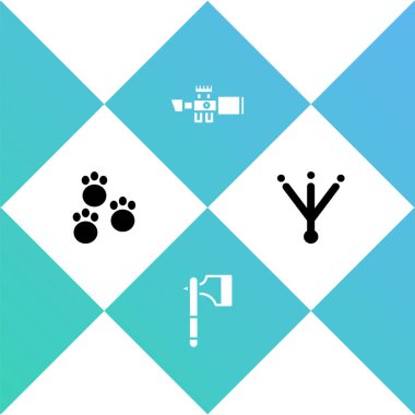 Pençe izini, tahta baltayı, keskin nişancı optik görüşünü ve kuş ayak izi ikonunu ayarla. Vektör.