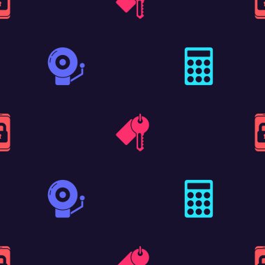 Parola korumasını, zil zilini, işaretli anahtarı ve mobil kilidi kusursuz desenli asma kilidi ayarla. Vektör.