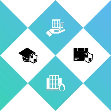 Mezuniyet şapkasını kalkanla, yangını yanan evle, ev sigortasını ve teslimat güvenlik simgesini ayarla. Vektör.