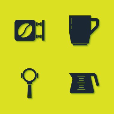Sokak tabelaları kahve, kahve demliği, filtre tutacağı ve kupa simgesini ayarla. Vektör.
