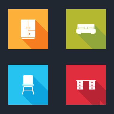 Gardırop, büyük yatak, sandalye ve ofis masası ikonu. Vektör.