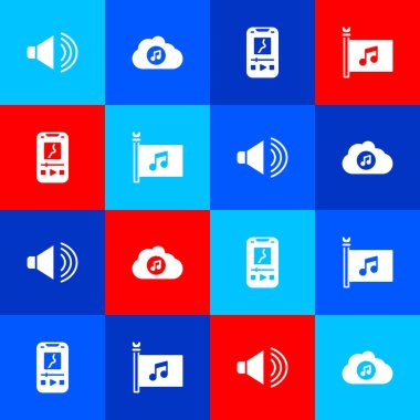 Hoparlör sesi, müzik akışı servisi, oyuncu ve festival bayrağı simgesi ayarla. Vektör.