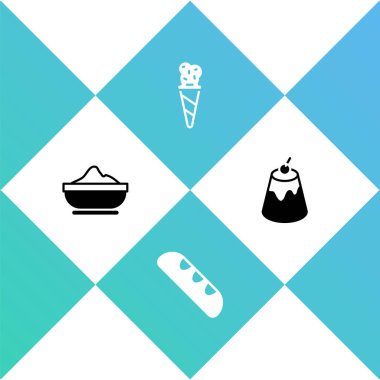 Un kasesi, Fransız ekmeği, waffle külahında dondurma ve puding kreması ikonu. Vektör