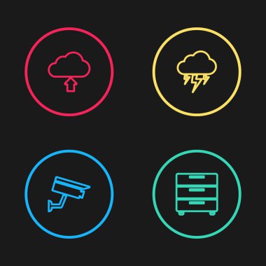 Hat güvenlik kamerası, mobilya sehpası, Storm ve Cloud yükleme ikonu. Vektör.
