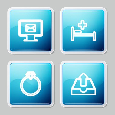 Hat monitörü ve zarf, hastane yatağı, elmas nişan yüzüğü ve gelen kutusu ikonu yükle. Vektör.