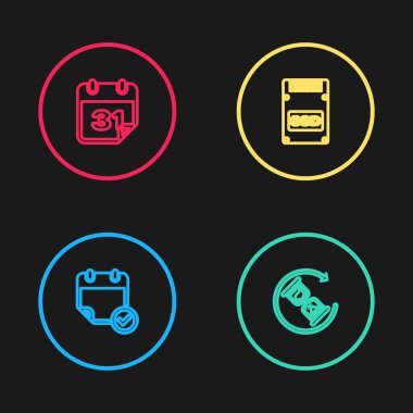 Satır Takvimini onay işareti, bekleme, SSD kartı ve simgesi ile ayarla. Vektör.