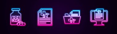Kedi ilacı şişesi ve haplar, köpek ya da kedi için tıbbi sertifika, veteriner kayıt dosyası ve klinik evcil hayvan monitörüne. Parlayan neon ikonu. Vektör.