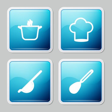 Yemek pişirme kabı, şef şapkası, mutfak kevaşesi ve çırpma ikonu. Vektör.