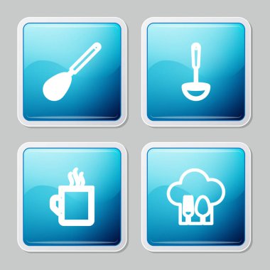 Mutfak çırpıcısı, kepçe, kahve fincanı ve çatal ve kaşık ikonlu Şef şapkası. Vektör.