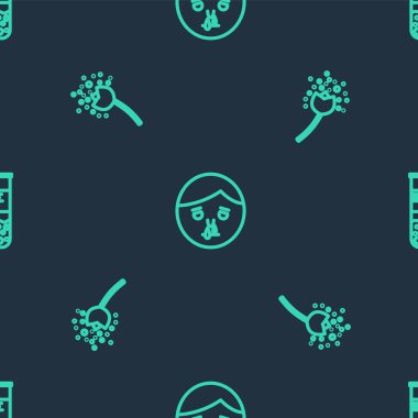 Çizgi akışkan burun, çiçek üreten polen, test tüpü ve dikişsiz desenli matara. Vektör.