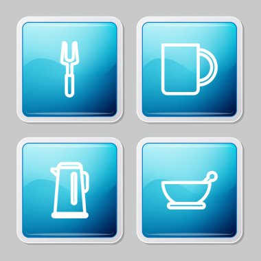 Barbekü çatalı, kahve fincanı, saplı kettle ve havan topu ikonu. Vektör.