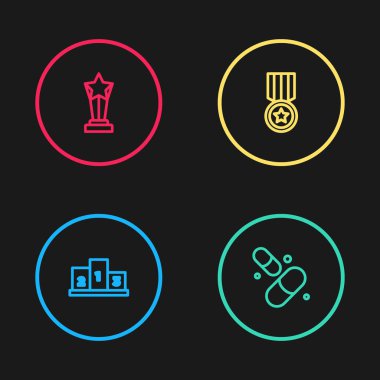 Spor şampiyonu podyumu, vitamin hapı, madalya ve kupa ikonu için çizgi ödülü belirleyin. Vektör