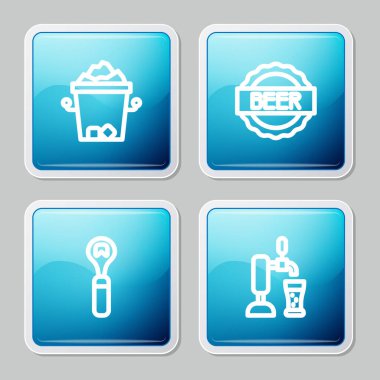 Buz kovası, bira şişesi kapağı, açacağı ve bira bardağı ikonu. Vektör