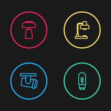 Raylar, ışıklar ve lambalar, ışık yayan diyot, masa ve simge ayarlayın. Vektör