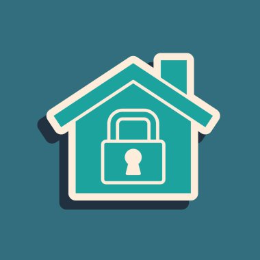 Yeşil arka planda izole edilmiş koruma simgesi altındaki sera. Eve git ve kilitle. Koruma, güvenlik, güvenlik, koruma, savunma konsepti. Uzun gölge tarzı. Vektör