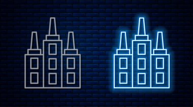 Parlayan neon hattı gökdelen simgesi tuğla duvar arka planında izole edildi. Metropolis mimarisi panoramik manzara. Vektör