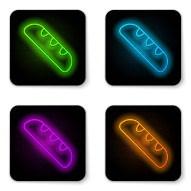 Parlayan neon hattı beyaz arka planda izole edilmiş Fransız baget ekmek ikonu. Siyah kare düğme. Vektör