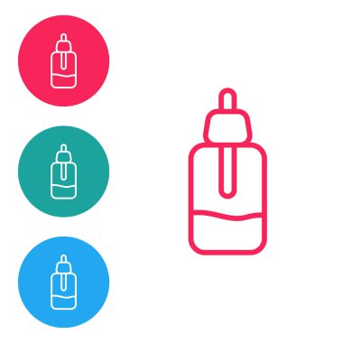 Kırmızı çizgi esaslı yağ şişesi simgesi beyaz arkaplanda izole edilmiş. Organik aromaterapi özü. Cilt bakımı serumu cam bırakma paketi. Simgeleri daire düğmelerine ayır. Vektör
