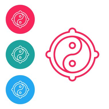 Kırmızı çizgi Yin Yang beyaz arkaplanda izole edilmiş uyum ve denge simgesi. Simgeleri daire düğmelerine ayır. Vektör