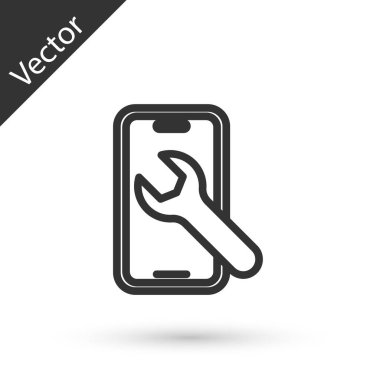 İngiliz anahtarı simgesi beyaz arka planda izole edilmiş gri hat cep telefonu. Ayarlama, servis, ayar, bakım, onarım. Vektör