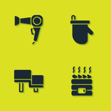 Saç kurutma makinesi, sıcak sauna taşları, sauna tahtası ve eldiven ikonu. Vektör