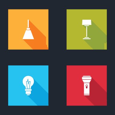 Chandelier, zemin lambası, ampul ve el feneri simgesini ayarla. Vektör