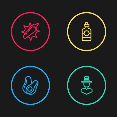 Avokado meyvesi, Meksikalı sombrero, tekila şişesi ve acı biber ikonu. Vektör