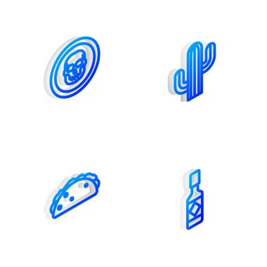 Isometric line Kaktüs, Meksika kurukafa sikkesi tortilla ve acı sos ikonlu taco hazırla. Vektör