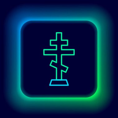 Parlayan neon hattı Hıristiyan çapraz simgesi siyah arka planda izole edildi. Kilise haçı. Renkli taslak konsepti. Vektör