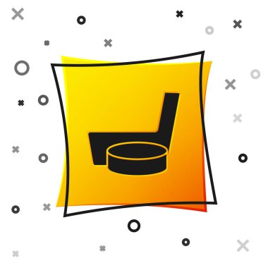 Siyah buz hokeyi sopası ve disk ikonu beyaz arka planda izole edilmiş. Sarı kare düğme. Vektör