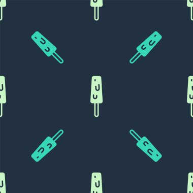 Çubuk ikonunda yeşil ve bej dondurma. Mavi arka planda izole edilmiş, pürüzsüz desen. Güzel sembol. Vektör