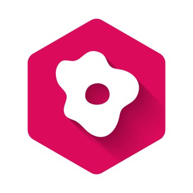 Çırpılmış yumurta simgesi uzun gölgeli. Ev yemeği, sahanda yumurta, sağlıklı kahvaltı, omlet ikonu. Pembe altıgen düğmesi. Vektör