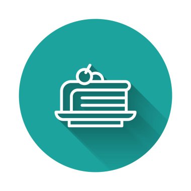 Beyaz çizgi pasta simgesi uzun gölge arkaplanı ile izole edilmiş. Doğum günün kutlu olsun. Yeşil daire düğmesi. Vektör