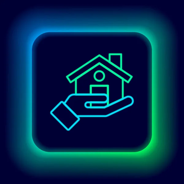 Parlayan neon hattı emlakçı simgesi siyah arkaplanda izole edildi. Ev almak. Renkli taslak konsepti. Vektör
