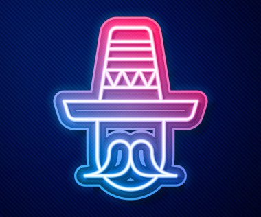 Mavi arka planda izole edilmiş sombrero ikonu giyen parlak neon çizgili Meksikalı adam. Bıyıklı İspanyol adam. Vektör