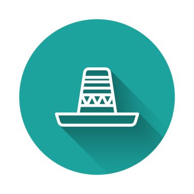 Beyaz çizgi Geleneksel Meksika sombrero şapka ikonu uzun gölge arkaplan izole. Yeşil daire düğmesi. Vektör