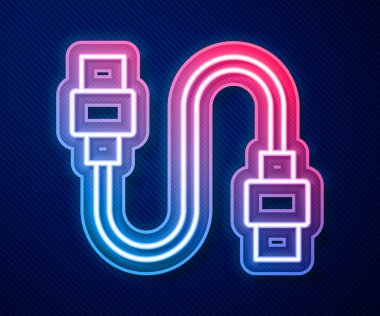 Parlayan neon hattı USB kablo ikonu mavi arkaplanda izole edildi. PC ve mobil cihazlar için bağlantı ve soketler. Vektör