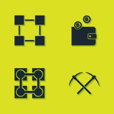 Blockchain teknolojisini, çapraz kazmayı ve Kripto para birimi cüzdan simgesini ayarla. Vektör.