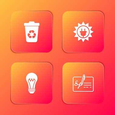 Geri dönüşüm kutusunu geri dönüşüm, güneş enerjisi paneli, ampul ve imzalı belge simgesi ile ayarla. Vektör.