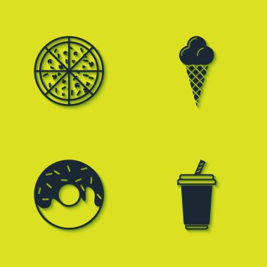 Pizza, bardakta su, çörek ve dondurmayı waffle külahında hazırla. Vektör.