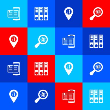 Akıllı telefon ve kitabı, ofis klasörlerini, konum hizmetini ve mikroorganizmaları büyüteç simgesi altında ayarla. Vektör.