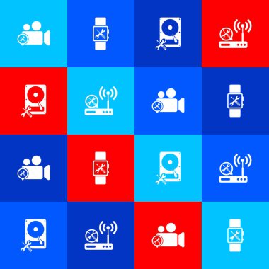 Video kamera servisi, Smartwatch, Hard disk sürücüsü ve Router wi-fi simgesi ayarla. Vektör.