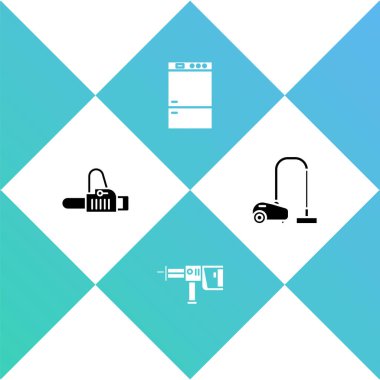 Elektrikli testere, döner çekiç matkabı, buzdolabı ve elektrikli süpürge ikonu. Vektör.