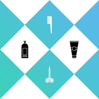 Şampuan, makas, saç fırçası ve losyon kozmetik tüp ikonu. Vektör.