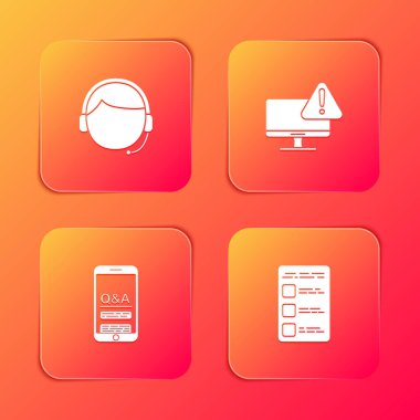 Kulaklığı olan bir adam ayarla, monitör ünlem işareti, Mobil Soru ve Ünlem ve hesap ekranı simgesi oluştur. Vektör.