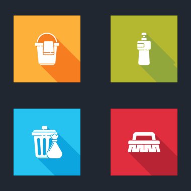 Kovayı bez, bulaşık deterjanı, çöp tenekesi, çöp torbası ve temizlik ikonu için fırçayla hazırla. Vektör.