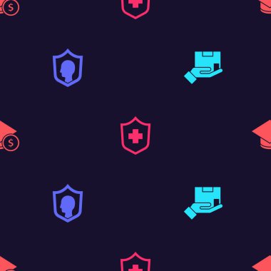 Teslimat sigortası, kalkanlı yaşam, sağlık ve mezuniyet şapkası ve kusursuz desen üzerine bozuk para. Vektör.