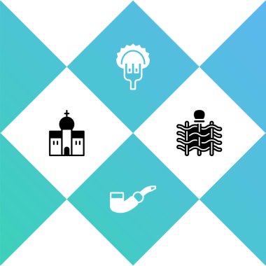 Kilise binası, tüttürme piposu, çatal üzerinde hamur tatlısı ve Wicker çiti ikonu. Vektör.