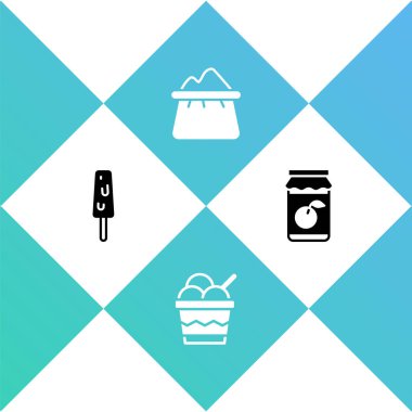 Dondurma, kasede, un torbası ve reçel kavanozu ikonu. Vektör