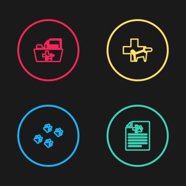 Paw baskısını ayarla, kedi ya da köpek için tıbbi sertifika, veteriner kliniği ve veteriner kayıt ikonu. Vektör.